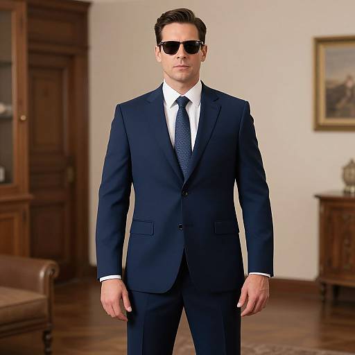 Photograph of a handsome, fair-skinned man in a navy suit, white shirt, black tie, and sunglasses, standing in a classic, wooden