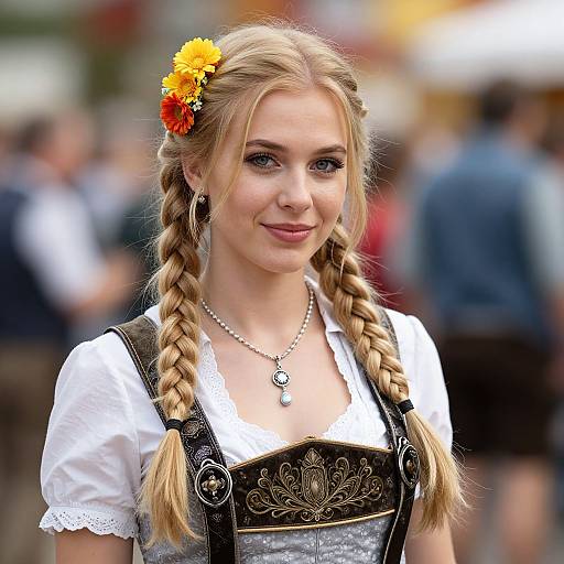 Photograph of a blonde woman with braided hair, wearing a traditional German dirndl, orange flower in hair, white blouse, black corset,