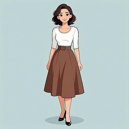 Digital illustration of a smiling woman with medium brown hair, wearing a white short-sleeve top, brown A-line skirt, and black shoes, standing