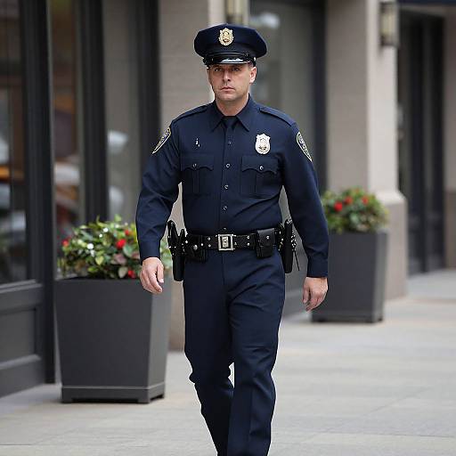Photograph of a stern-faced male police officer in a black uniform and cap, walking on a city sidewalk with flower planters in the background.