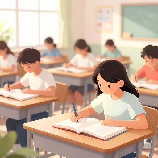 Digital illustration of a bright classroom with blurred background, focused on a black-haired girl in white shirt, writing with a blue pen. Other students are seated