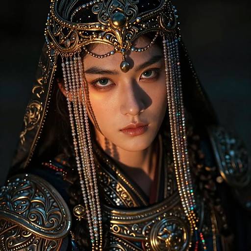 Photorealistic digital portrait of a young woman with intense gaze, wearing ornate, elaborate golden headdress and armor, illuminated by dramatic lighting, dark