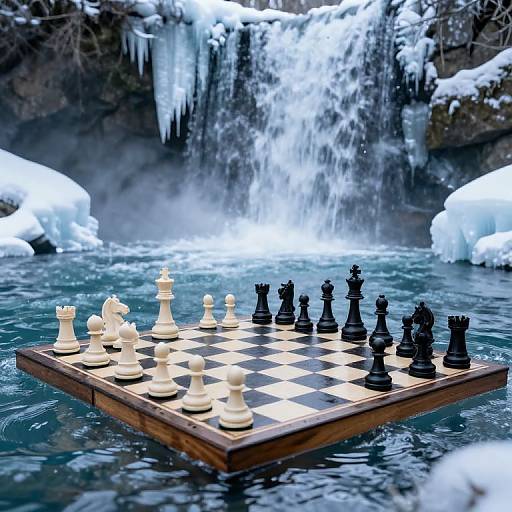 Photograph of a chessboard floating in a snowy, icy waterfall, with black and white chess pieces arranged on the board.