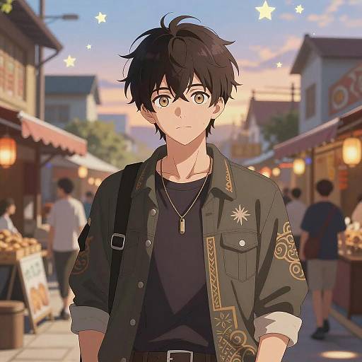 Anime-style digital drawing of a young man with black hair and brown eyes, wearing a decorated gray jacket, standing in a bustling evening market. Background features