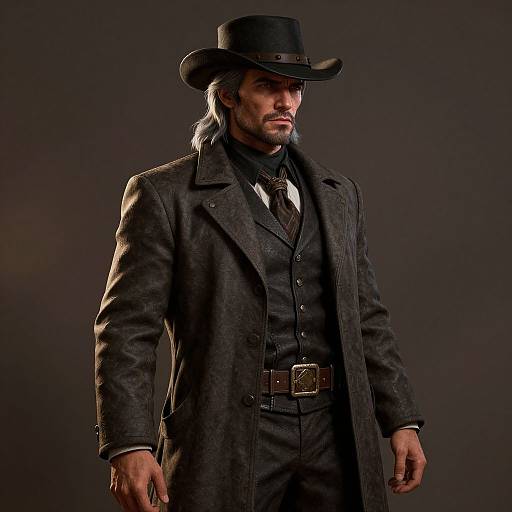 Photograph of a stern, white-haired man in a black cowboy hat, dark three-piece suit, and long coat against a dark background.