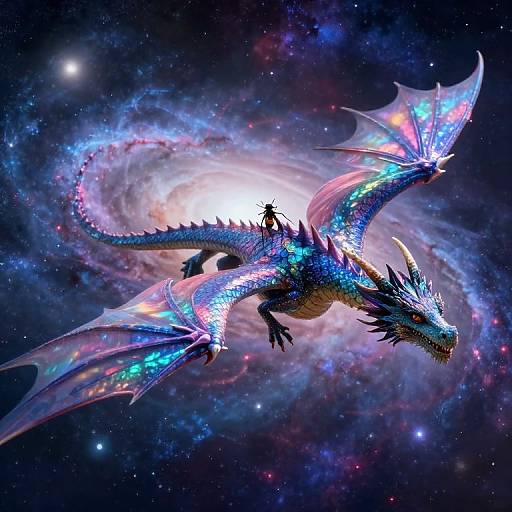 Digital art: A shimmering, iridescent dragon with glowing blue and pink wings flies through a cosmic galaxy, carrying a small, silhouet