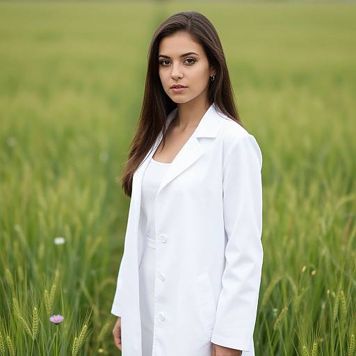 Photograph of a young South Asian woman with long dark hair, wearing a white shirt, standing in a lush green field.