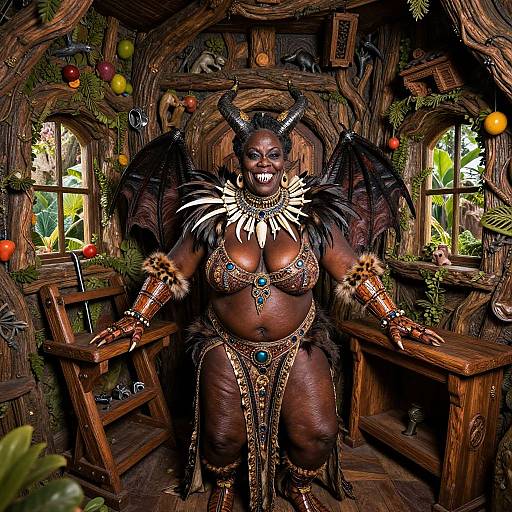 Photograph of a dark-skinned, large-breasted, demon-like woman with black wings, horns, and feathered necklace, seated in a wooden