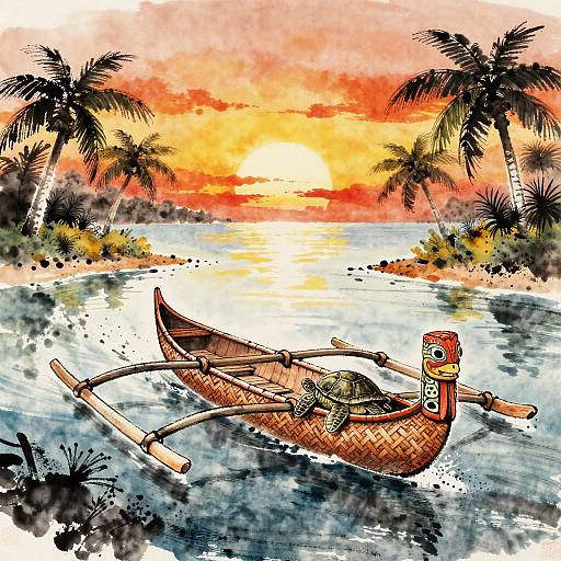 Polynesian Canoe in Korean Ink Wash