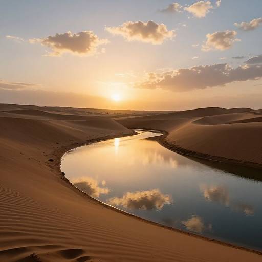 Photograph of a serene desert sunset, with rippled sand dunes, a reflective oxbow-shaped waterhole, and golden sunlight illuminating scattered