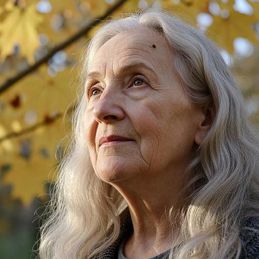 Photograph of an elderly woman with long, wavy white hair, light skin, and a small mole on her cheek, looking upward in sunlight,