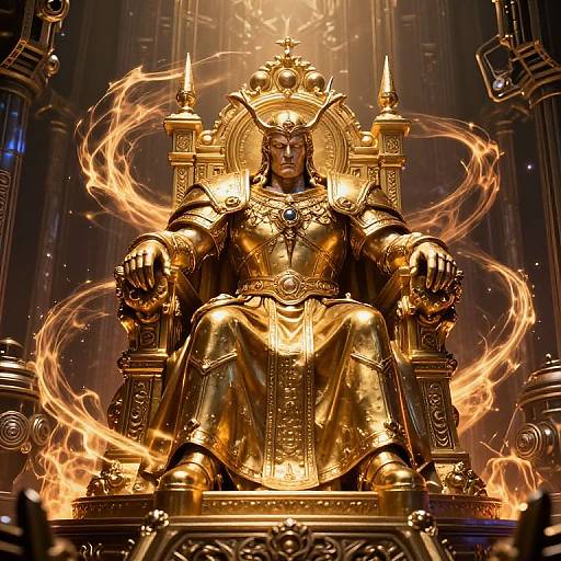 Digital artwork of a regal, dark-skinned male deity with golden armor and crown, sitting on an ornate, fiery throne.