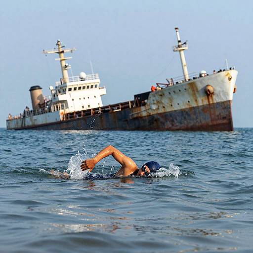 Lone Swimmer Amid Sunken Shipwrecks