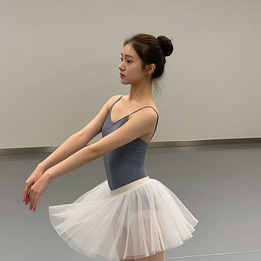 Photograph of an Asian ballerina with dark hair in a bun, wearing a navy leotard and white tutu, poised in a graceful