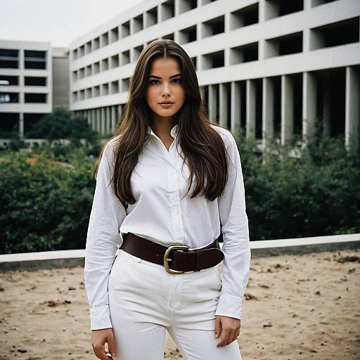 Young Woman Standing Outdoors in White Outfit