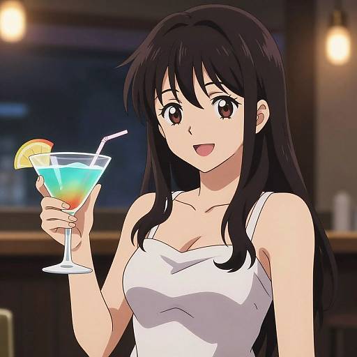 Anime-style digital drawing of a smiling young woman with long black hair, brown eyes, and white tank top, holding a colorful cocktail with a straw and