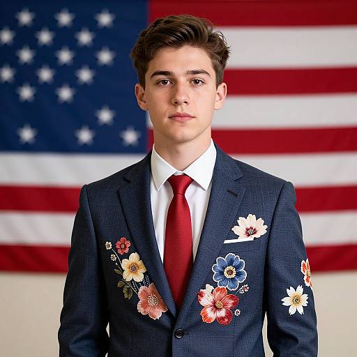 Photograph of a young man with fair skin and brown hair, wearing a dark blue suit with floral embroidery, white shirt, and red tie, standing