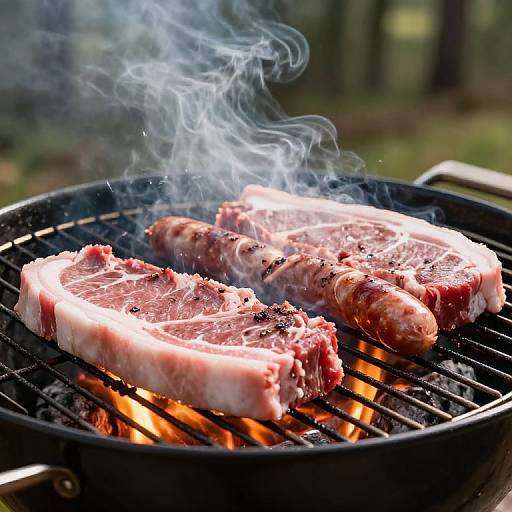 Photograph of two grilled, seasoned, juicy pork chops with visible char marks and smoking, cooking over glowing orange coals outdoors.