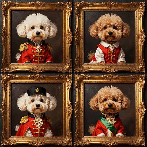 Photograph of four framed portraits of a fluffy white and brown poodle in regal military and naval attire, each in ornate gold frames.