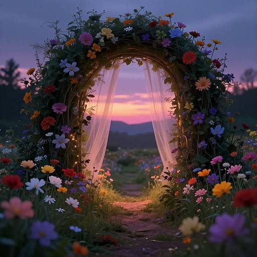 Photograph of a colorful flower arch at sunset, with semi-sheer curtains, surrounded by vibrant wildflowers, and a glowing pathway leading to a