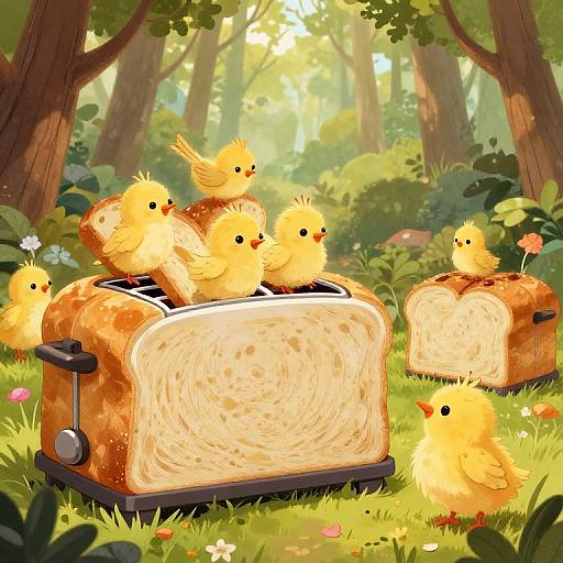 Whimsical digital illustration: Adorable yellow chicks with fluffy feathers play on and around two toasted bread toasters in a sunlit forest clearing with lush