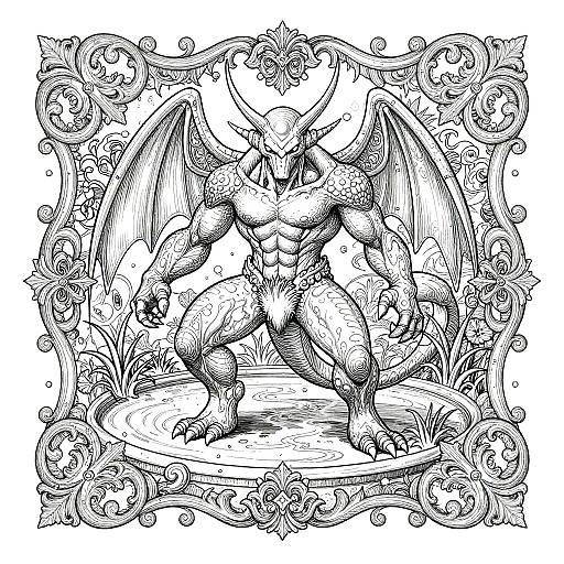 Black-and-white ink drawing of a muscular, winged demon with horns, standing in an ornate, floral frame, showcasing detailed textures and intricate patterns