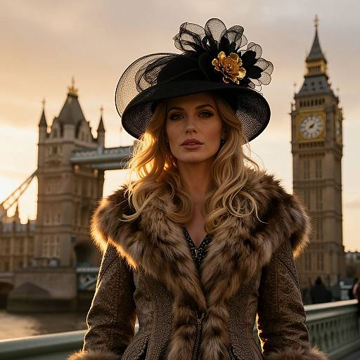 Photograph of a blonde woman in a fur-trimmed coat and black hat with a mesh veil and flower, standing in front of London's Big