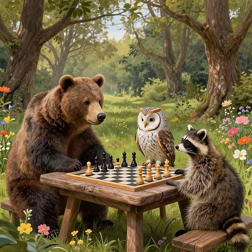 Digital illustration of a bear, owl, and raccoon playing chess on a wooden table in a vibrant, sunlit forest clearing with colorful flowers.