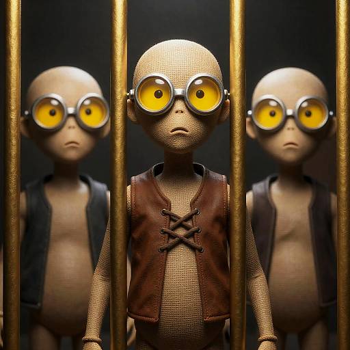 Humanoid Figures Behind Golden Bars