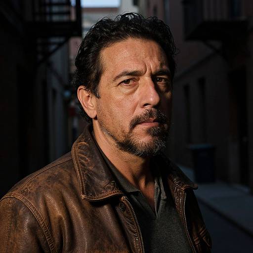 Photograph of a middle-aged man with dark, curly hair and a beard, wearing a brown leather jacket, standing in a dimly lit urban alley