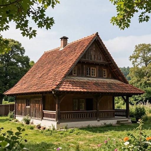 Photograph of a rustic, wooden, two-story house with a red-tiled roof, surrounded by lush greenery and colorful flowers, under a bright