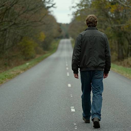 Photograph of a solitary man in a black jacket and blue jeans walking down a deserted, tree-lined road on an overcast day.