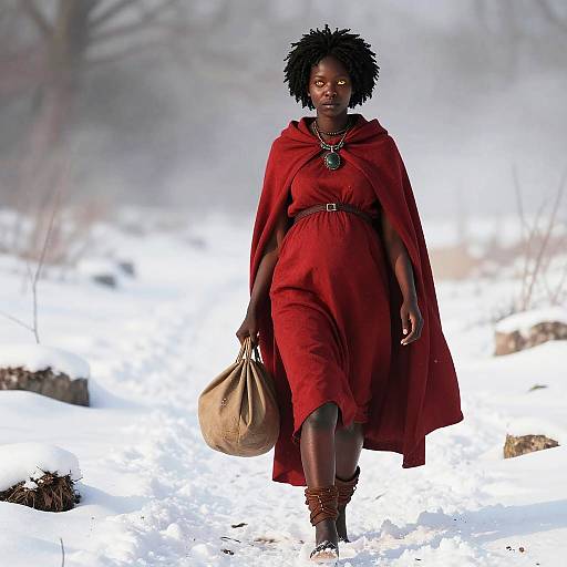 Photograph of a confident African woman with dark skin and curly hair, wearing a red cloak, holding a beige sack, walking through a snowy, fog