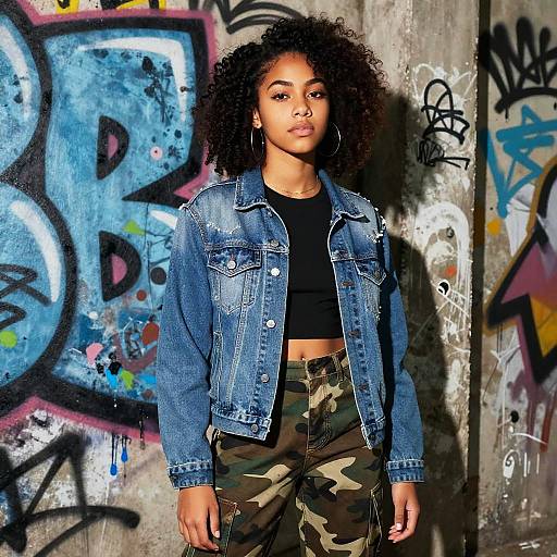 Photograph of a young Black woman with curly hair, wearing a denim jacket and camouflage pants, standing in front of a colorful, graffiti-covered concrete wall
