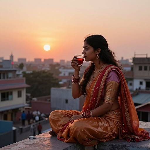 Indian Girl Watching Rooftop Sunset