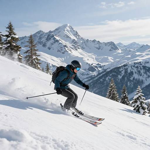 Photograph of a skier in black gear, blue skies, and snowy mountains, carving through white powder with ski poles in hand.