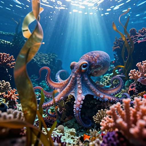 Vibrant underwater photograph of a pinkish-purple octopus with large eyes and curled tentacles amidst colorful coral and seaweed, illuminated by sunlight filtering
