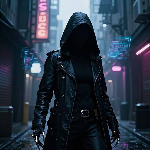 Cyberpunk street scene: hooded figure in black leather jacket and gloves, glowing blue holograms, neon lights, dark alley, urban night.