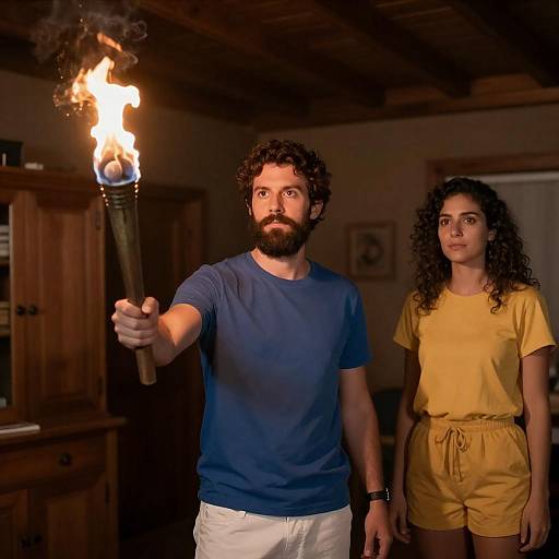 Torchlit Portrait in a Rustic Attic