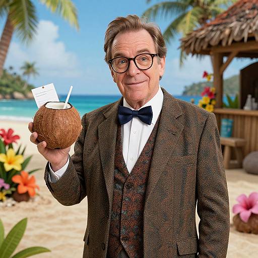 Photorealistic image of an older man with glasses, brown suit, black bow tie, and patterned vest, holding a coconut with a straw,