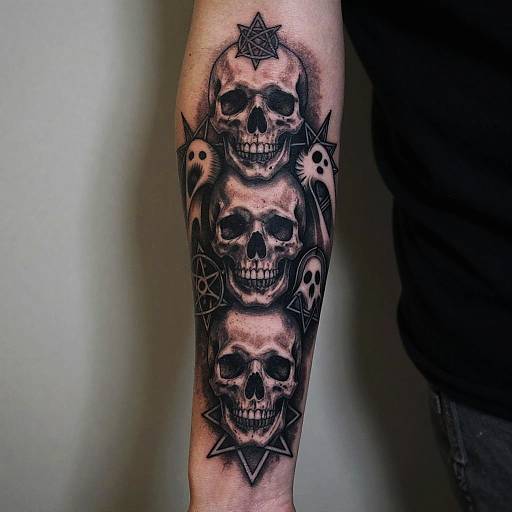 Photograph of a tattoo on a forearm featuring three detailed black and grey skulls with pentagrams and skull motifs, stacked vertically. Background is a plain,