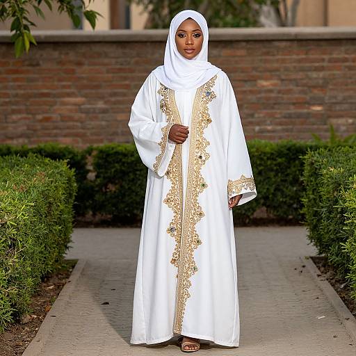 Photograph of a Black woman in a white hijab and ornate white robe with gold embroidery, standing on a concrete path with trimmed bushes and a