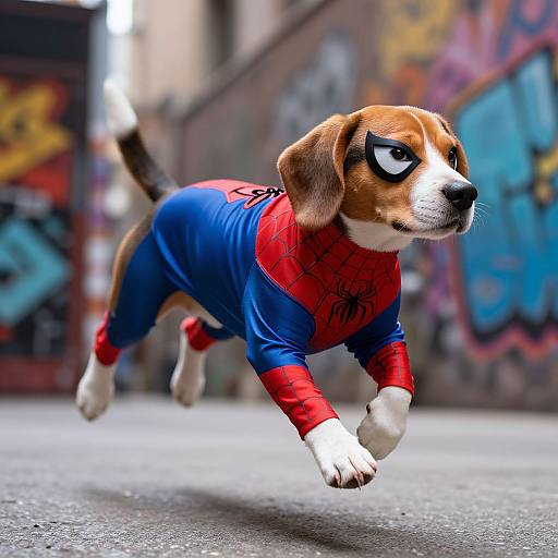 Photorealistic CGI of a beagle puppy dressed as Spider-Man, mid-leap on a graffiti-covered urban street. Vibrant colors, dynamic pose