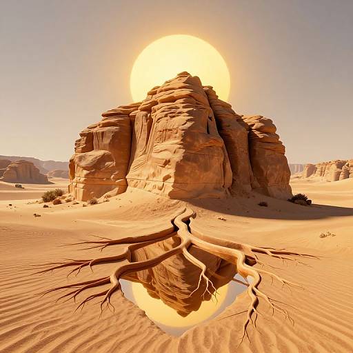 Photograph of a sunlit, orange-red desert rock formation with a reflection pool, surrounded by rippled sand, under a bright, golden sun.