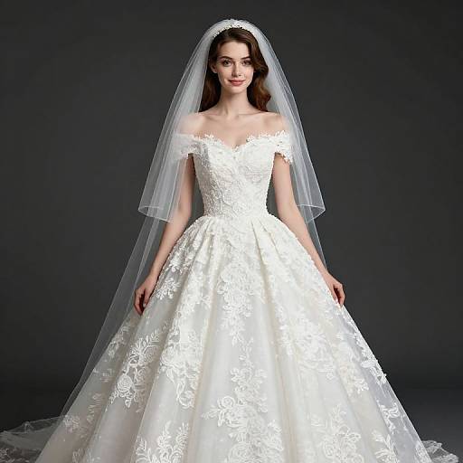 Photograph of a beautiful woman with fair skin, dark brown hair, and a slender build, wearing an off-the-shoulder, white lace wedding
