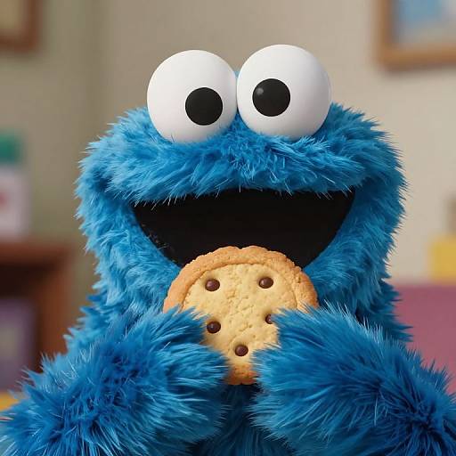 Photograph of blue, furry Cookie Monster with white eyes and black pupils, holding a chocolate chip cookie to his mouth. Background features blurred, colorful room
