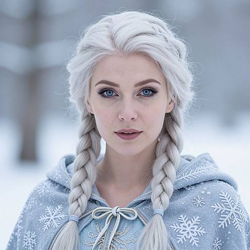 Photograph of a young woman with platinum blonde hair in braids, wearing a silver snowflake-patterned hoodie, standing in a snowy forest.