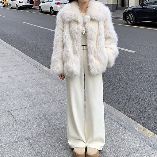 Photograph of a woman wearing a white fur coat and cream high-waisted pants, standing on a city sidewalk with parked cars in the background.