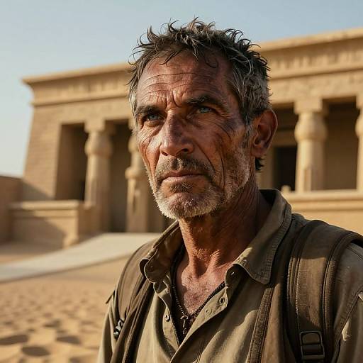 Photograph of a rugged, middle-aged man with graying hair and beard, wearing a dusty green shirt, standing in front of a sunlit,