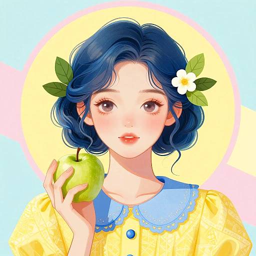 Digital anime-style portrait of a fair-skinned girl with blue wavy hair, holding a green apple, wearing a yellow dress with blue collar, and